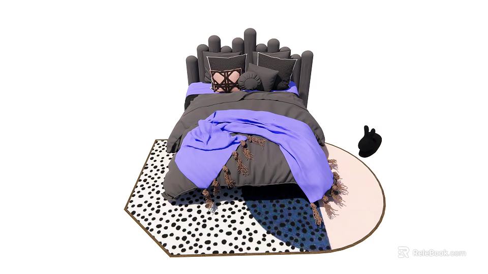 Cozy Double Bed With Gray And Purple Bedding Multiple Pillows And Polka Dot Rug 3d model 