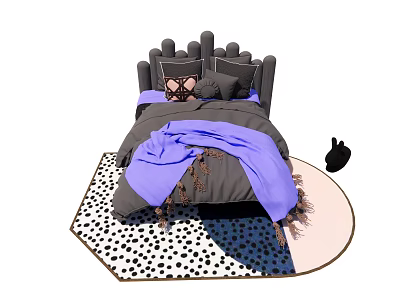 Cozy Double Bed With Gray And Purple Bedding Multiple Pillows And Polka Dot Rug 3d model