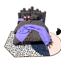Cozy Double Bed With Gray And Purple Bedding Multiple Pillows And Polka Dot Rug