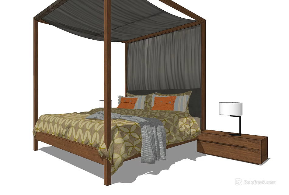 Four Poster Double Bed With Wooden Frame Geometric Quilt Pillows Nightstand Lamp And Gray Curtains 3d model 