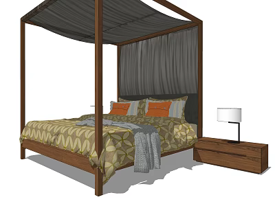 Four Poster Double Bed With Wooden Frame Geometric Quilt Pillows Nightstand Lamp And Gray Curtains 3d model