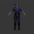 Police Officer In Blue Uniform With Hat And Equipment Belt Standing On Gray Background
