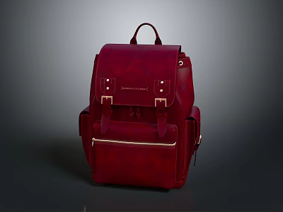 Stylish Red Leather Backpack With Metal Buckles And Front Pocket Detail 3d model