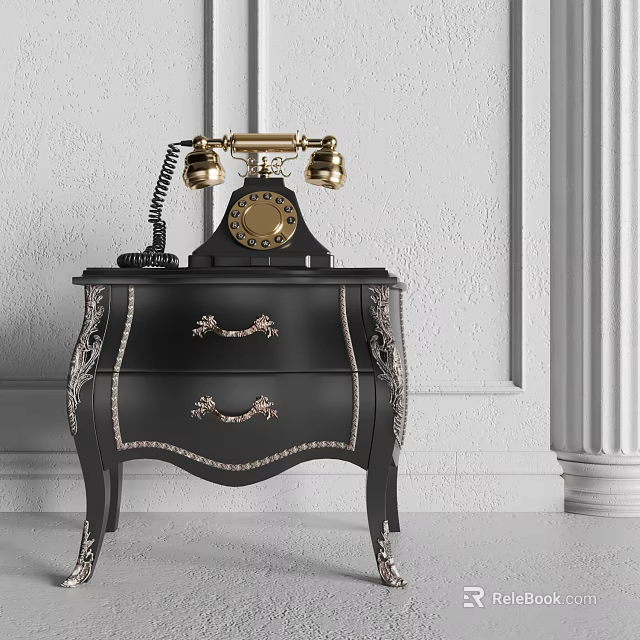Elegant Black Bedside Table With Gold Handles Silver Trim And Vintage Telephone 3d model 
