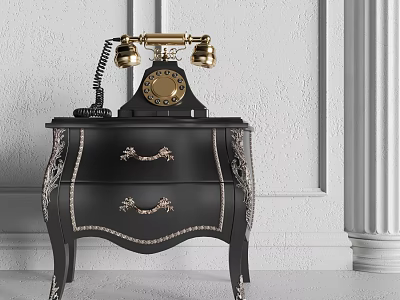 Elegant Black Bedside Table With Gold Handles Silver Trim And Vintage Telephone 3d model
