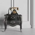Elegant Black Bedside Table With Gold Handles Silver Trim And Vintage Telephone