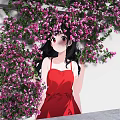 White Wall Adorned With Purple Flower Vines And Girl In Red Dress