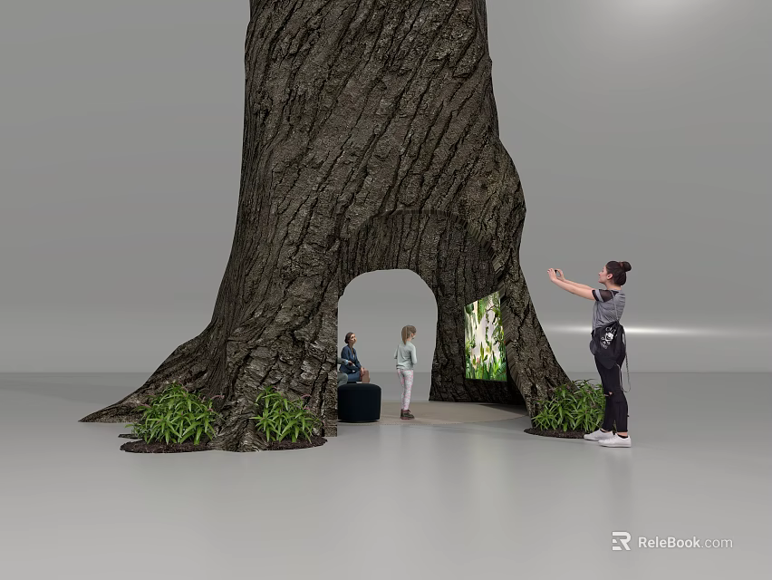 Giant Tree Shaped Art Installation With Arched Opening And Green Plants For People Interaction 3d model 