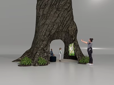 Giant Tree Shaped Art Installation With Arched Opening And Green Plants For People Interaction 3d model