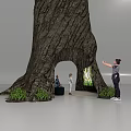 Giant Tree Shaped Art Installation With Arched Opening And Green Plants For People Interaction