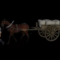 Person With Bamboo Hat Leading Horse Pulling Wooden Cart Loaded With Goods