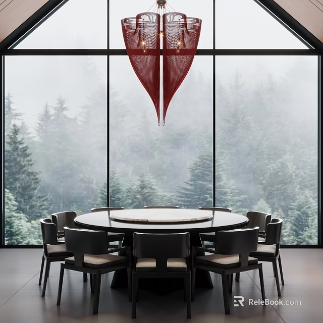 Private Dining Room With Foggy Forest View Round Table Black Chairs Red Pendant Light 3d model 