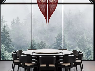 Private Dining Room With Foggy Forest View Round Table Black Chairs Red Pendant Light 3d model