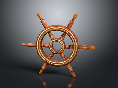 Vintage Wooden Ship Steering Wheel With Gold Accents And Ornate Spokes 3d model