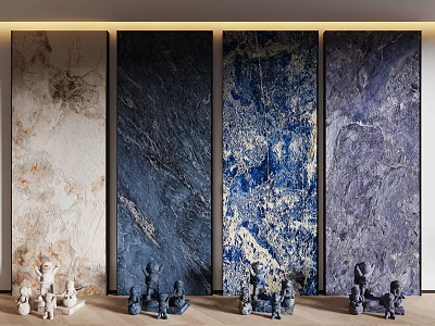 Stone Wood Decor Featuring Four Different Textured Stone Panels With Wooden Carved Figurines At Bottom 3d model