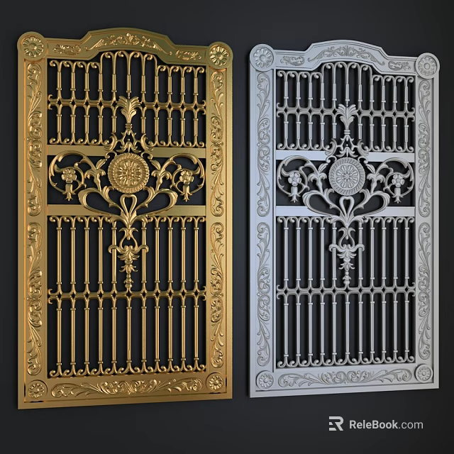 Ornate Metal Gate With Intricate Carvings In Gold And Silver Finish Design 3d model 
