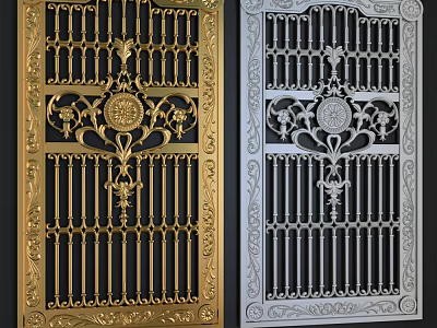 Ornate Metal Gate With Intricate Carvings In Gold And Silver Finish Design 3d model