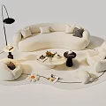 White Curved Sofa and Coffee Table Set with Armchair Floor Lamp Pillows on Soft Rug