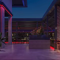 Modern Outdoor Restaurant With Red Brick Design Bar Counter Blue Red Lighting And Plant Decor