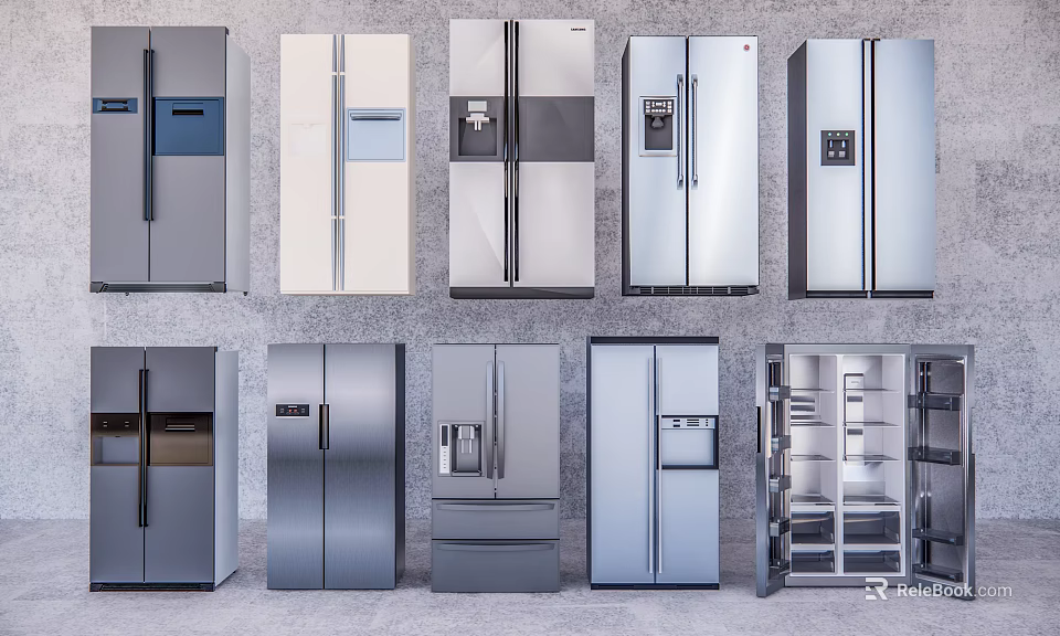 Modern Refrigerators With Various Designs And Open Door Showing Interior Storage 3d model 