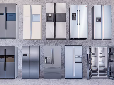 Modern Refrigerators With Various Designs And Open Door Showing Interior Storage 3d model