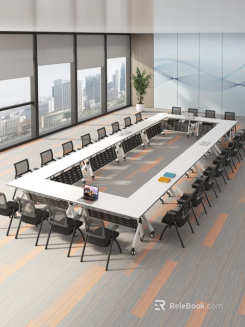 Modern Office Desk With Black Chairs Laptop Documents Near Large Windows City View And Plant 3d model 