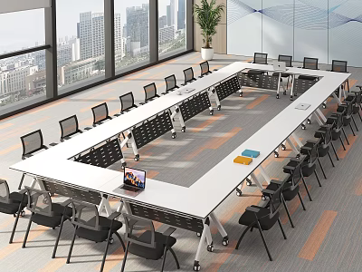 Modern Office Desk With Black Chairs Laptop Documents Near Large Windows City View And Plant 3d model