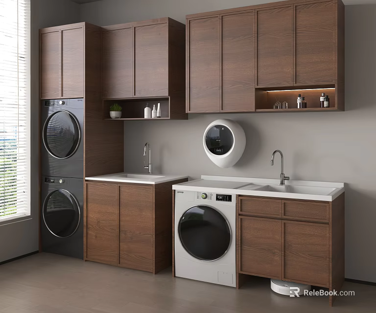Modern Laundry Room Interior with Washing Machine Dryer Wooden Cabinets and Sink 3d model 