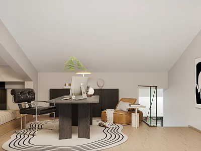 Modern Home Office Interior With Wooden Desk Leather Chair And Green Plant 3d model
