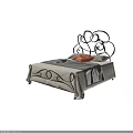 Double Bed with Wrought Iron Scroll Headboard Footboard Light Gray Bedspread Gray Throw Blanket Orange Pillows