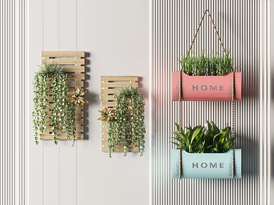 Wall Mounted Bonsai Potted Plants With Wooden Racks Colored HOME Pots And Hanging Greens 3d model