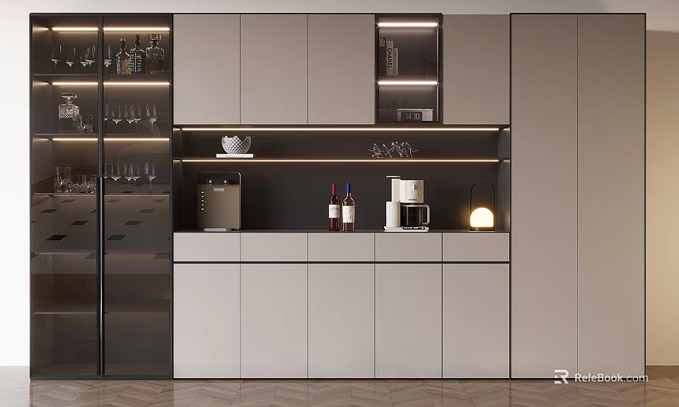 Modern Wine Cabinet Interior Design With Built in Lighting Wine Bottles And Glass Storage 3d model 