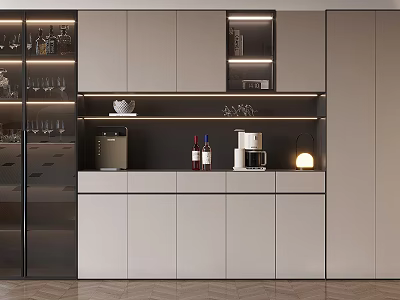 Modern Wine Cabinet Interior Design With Built in Lighting Wine Bottles And Glass Storage 3d model
