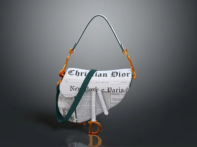 Christian Dior Newspaper Print Saddle Handbag With Green Strap And Gold Hardware 3d model