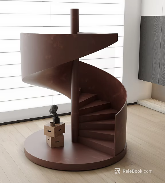Modern Brown Spiral Staircase Interior With Wooden Floor Stacked Boxes And Small Sculpture 3d model 