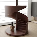 Modern Brown Spiral Staircase Interior With Wooden Floor Stacked Boxes And Small Sculpture