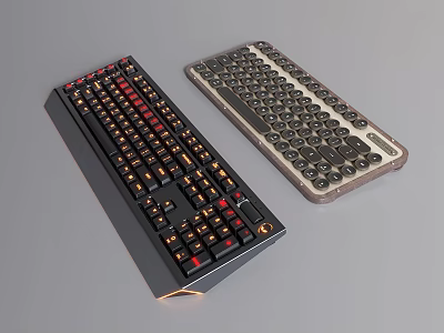 Two Modern Computer Keyboards With Backlit Illuminated Keys And Round Vintage Keycap Design 3d model