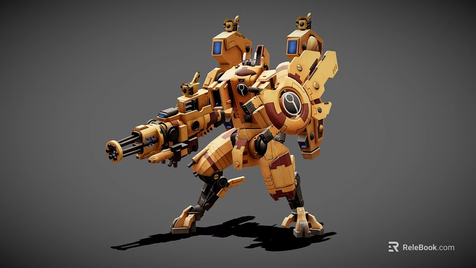 Yellow Mechanical Warrior Creature With Heavy Gun Blue Head Modules And Armor 3d model 