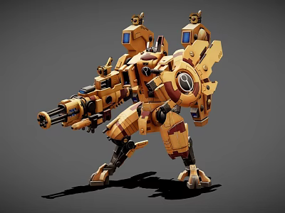 Yellow Mechanical Warrior Creature With Heavy Gun Blue Head Modules And Armor 3d model