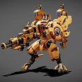 Yellow Mechanical Warrior Creature With Heavy Gun Blue Head Modules And Armor