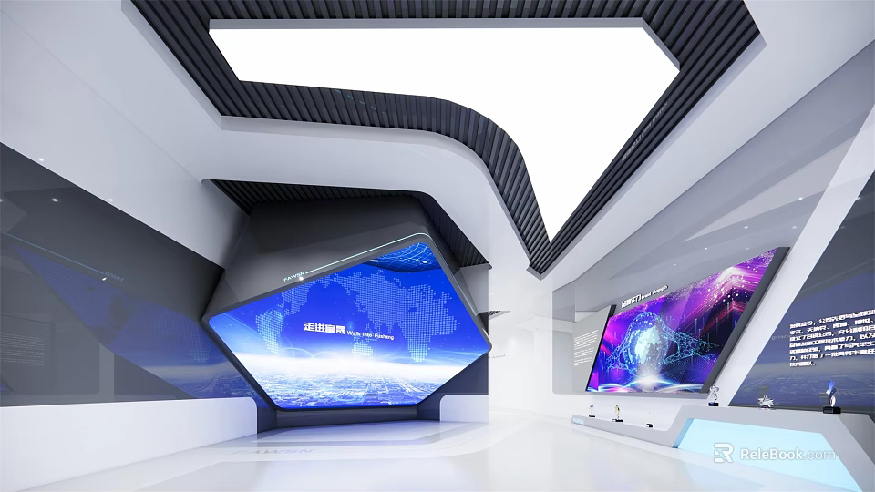 Hi Tech Exhibition Hall With Modern Design Large Digital Screens And Interactive Display Features 3d model 