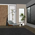 Modern Leisure Chair In Bright Room With Black Floor Lamp Green Plants And Wooden Cabinets