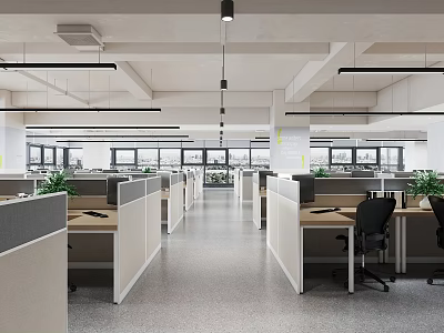 Modern Public Office Area With Cubicles Desks Chairs Windows And Green Plants 3d model