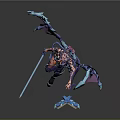 Fantasy Mythical Character 3D Render With Purple Blue Wings Weapon And Scroll