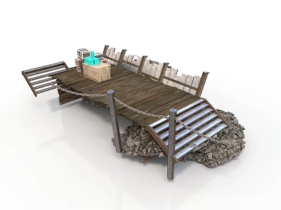 Wooden Platform Structure With Metal Railings Stone Support And Construction Elements 3d model