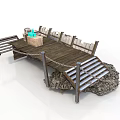 Wooden Platform Structure With Metal Railings Stone Support And Construction Elements