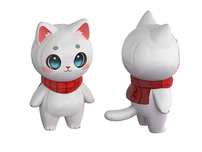Cute White Cartoon Cat Dolls With Red Scarf Front And Back Views 3d model