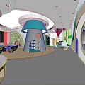 Vibrant Kindergarten Interior Design With Mushroom Shaped Green Roof Bookshelves And Colorful Seats