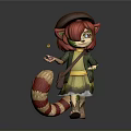 Cartoon Character With Red Hair Cat Ears Brown Hat Green Cardigan Yellow Dress Striped Tail