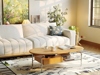 Living Room White Sofa With Throw Pillow And Wood Coffee Table With Rug And Plant 3d model